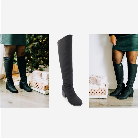 Black Knee High Rushed Top Block Heel Boots - Picture 2 of 5